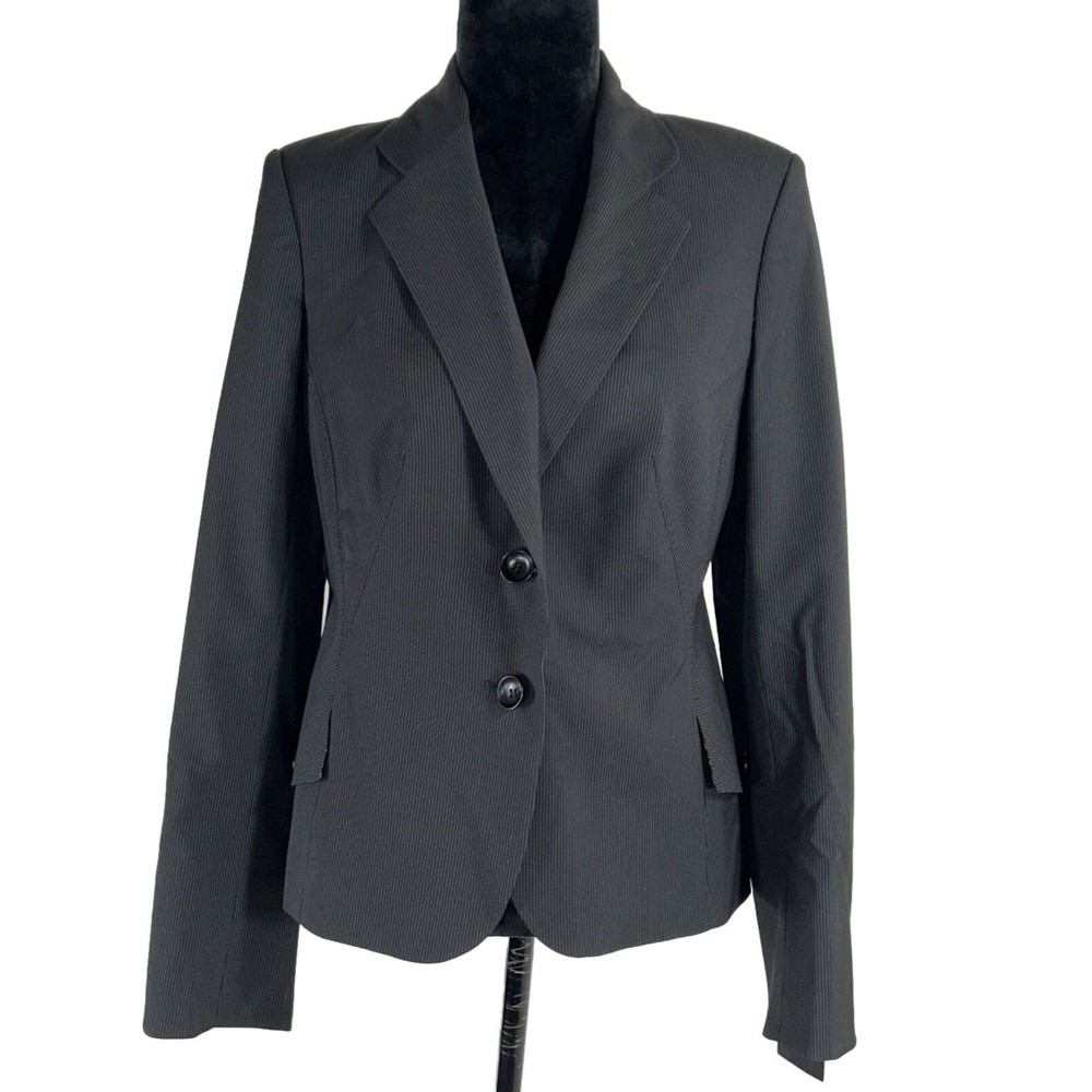 Nicole Miller Blazer Jacket Pockets Button Front Pin Stripe Leopard Print Lining